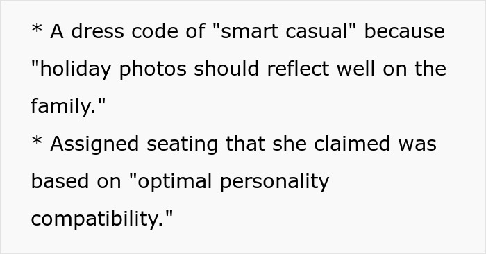 Text listing sister's strict Thanksgiving dinner rules, including "smart casual" dress code and "optimal personality compatibility" seating. Text listing sister's strict Thanksgiving dinner rules, including "smart casual" dress code and "optimal personality compatibility" seating.