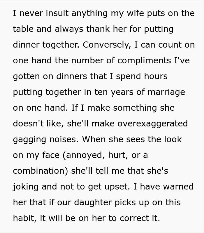 Text expressing frustration about constant food complaints from a spouse. Text expressing frustration about constant food complaints from a spouse.