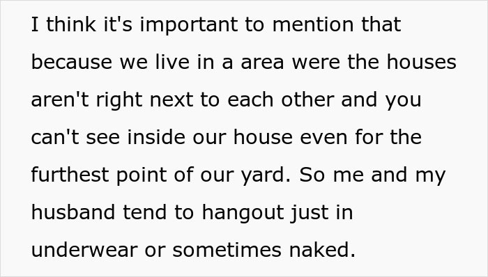 Text about woman explaining privacy in her yard and house location. Text about woman explaining privacy in her yard and house location.