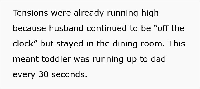 Text description of family tension with dad, toddler, and sick pregnant wife in dining room. Text description of family tension with dad, toddler, and sick pregnant wife in dining room.