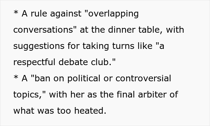 Text listing strict Thanksgiving rules about conversation, including turn-taking and banning heated political topics. Text listing strict Thanksgiving rules about conversation, including turn-taking and banning heated political topics.