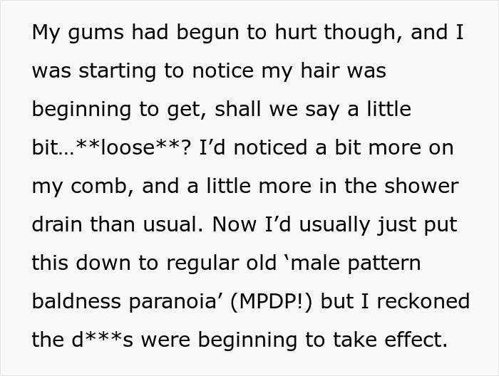 Text discusses hair loss and gum pain, linked to treatment effects, becoming a cause for concern. Text discusses hair loss and gum pain, linked to treatment effects, becoming a cause for concern.