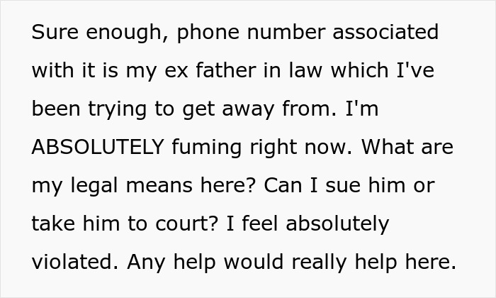 Text screenshot discussing ex-father-in-law and legal concerns after finding an AirTag. Text screenshot discussing ex-father-in-law and legal concerns after finding an AirTag.