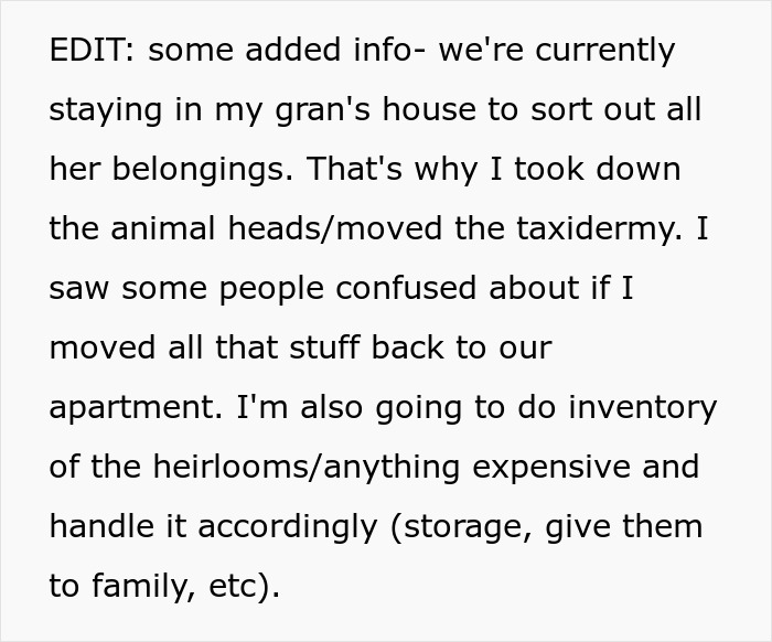 Text discussing handling of family heirlooms and belongings in a gran's house. Text discussing handling of family heirlooms and belongings in a gran's house.