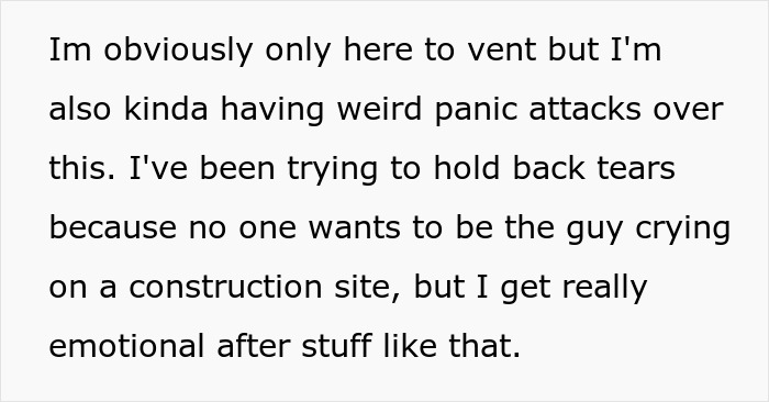 Text about an employee experiencing panic attacks and emotions on a construction site after a stressful event. Text about an employee experiencing panic attacks and emotions on a construction site after a stressful event.