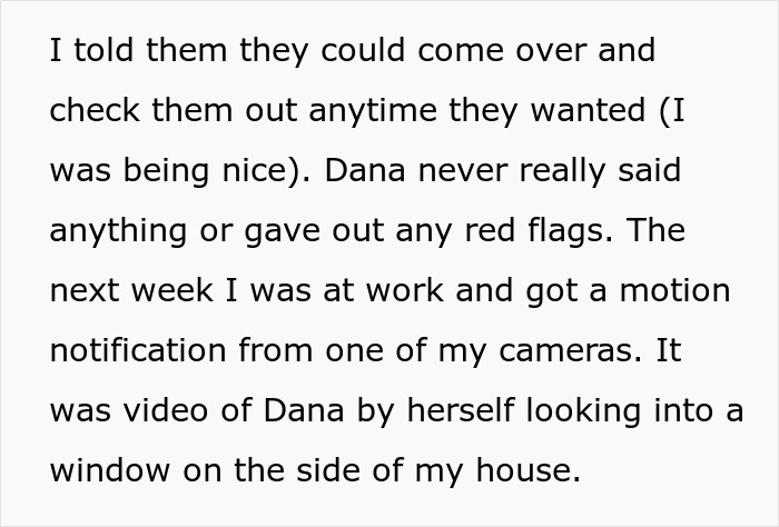 Text describing a motion notification, new resident Dana looking into a side window. Text describing a motion notification, new resident Dana looking into a side window.