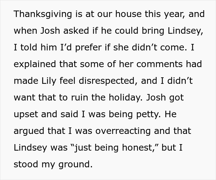 Text conversation about uninviting brother’s girlfriend from Thanksgiving dinner due to perceived rudeness. Text conversation about uninviting brother’s girlfriend from Thanksgiving dinner due to perceived rudeness.