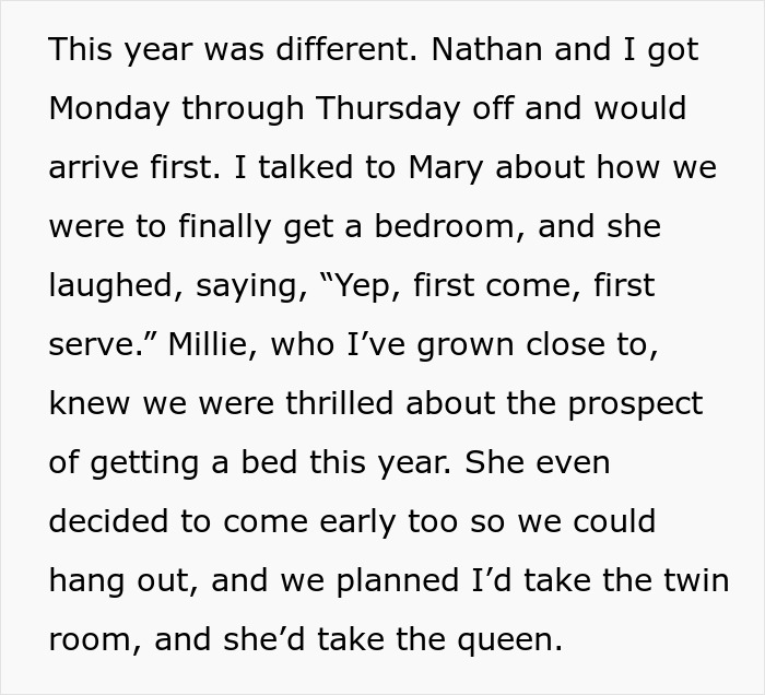 Text excerpt discussing holiday plans and room arrangements with family. Text excerpt discussing holiday plans and room arrangements with family.
