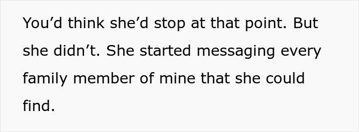 Text message about a woman messaging family members, highlighting entitlement issues after cheating. Text message about a woman messaging family members, highlighting entitlement issues after cheating.