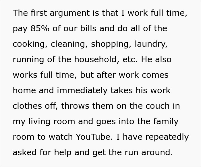 Text discussing a husband's attempted manipulation and his partner's household responsibilities and frustration. Text discussing a husband's attempted manipulation and his partner's household responsibilities and frustration.