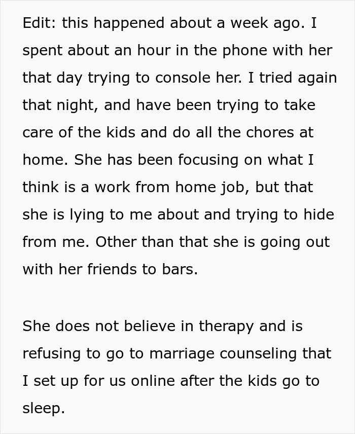 Text discussing marriage issues, wife leaving after perceived invasion, husband handling chores and kids, twins unattended. Text discussing marriage issues, wife leaving after perceived invasion, husband handling chores and kids, twins unattended.