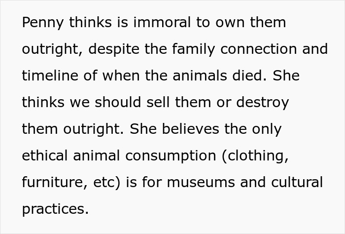 Text discussing the morality of keeping or selling family heirlooms related to animal consumption. Text discussing the morality of keeping or selling family heirlooms related to animal consumption.