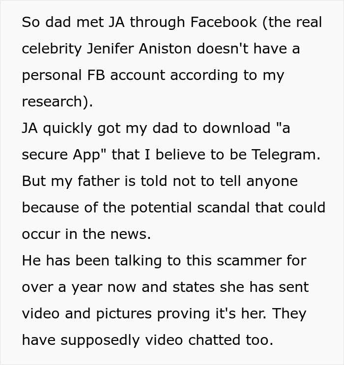 Text conversation about an elderly dad falling for a deepfake scam involving an impersonated celebrity online. Text conversation about an elderly dad falling for a deepfake scam involving an impersonated celebrity online.