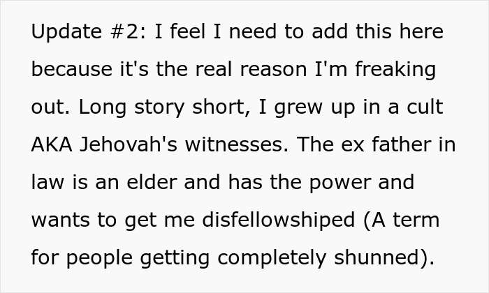 Text about ex-father-in-law wanting protagonist disfellowshipped due to family disputes and religious control. Text about ex-father-in-law wanting protagonist disfellowshipped due to family disputes and religious control.