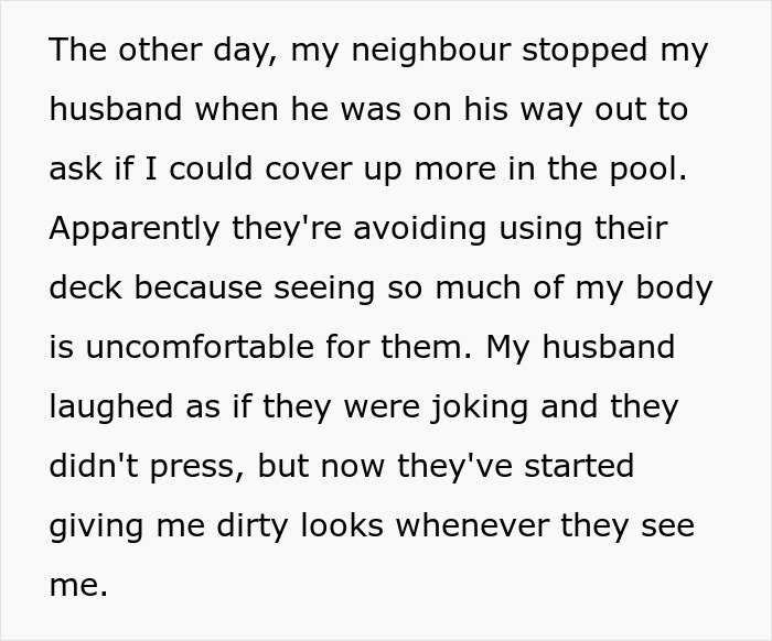 Husband Laughs After Neighbor Asks His Pregnant Wife To Cover Up While Swimming In Her Own Pool Husband Laughs After Neighbor Asks His Pregnant Wife To Cover Up While Swimming In Her Own Pool
