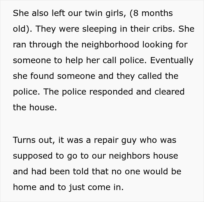 Text recounting a wife's escape from home, leaving behind twin babies, due to a mistaken invasion scenario. Text recounting a wife's escape from home, leaving behind twin babies, due to a mistaken invasion scenario.