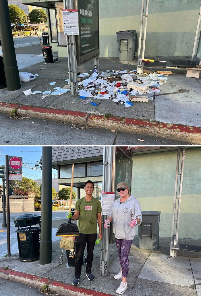 Before-after cleaning pictures showing a messy bus stop cleaned by two smiling people. Before-after cleaning pictures showing a messy bus stop cleaned by two smiling people.