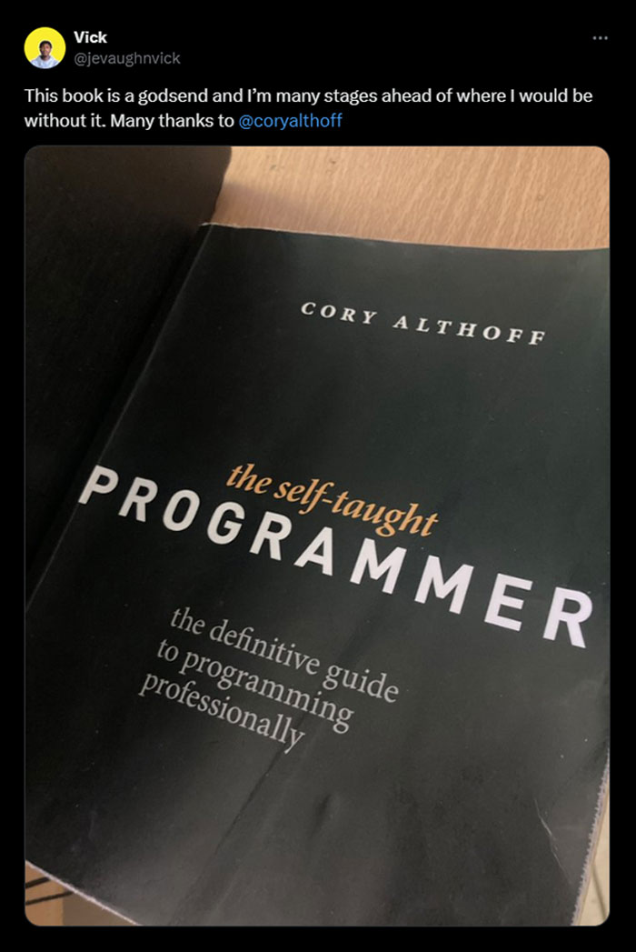 A Twitter post featuring the book "The Self-Taught Programmer" by Cory Althoff, Bobbi Althoff’s Husband described as a valuable resource for professional programming. A Twitter post featuring the book "The Self-Taught Programmer" by Cory Althoff, Bobbi Althoff’s Husband described as a valuable resource for professional programming.