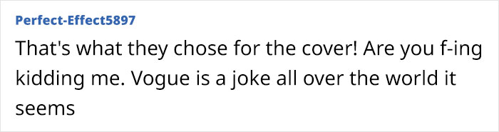Reddit user Perfect-Effect5897 criticizes Vogue cover, expressing dissatisfaction and disbelief. Reddit user Perfect-Effect5897 criticizes Vogue cover, expressing dissatisfaction and disbelief.