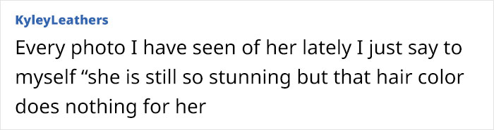 Text screenshot commenting on Angelina Jolie's hair color, mentioning her as still stunning. Text screenshot commenting on Angelina Jolie's hair color, mentioning her as still stunning.