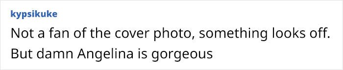 Text commenting on Angelina Jolie's Vogue Mexico cover, mixed reactions. Text commenting on Angelina Jolie's Vogue Mexico cover, mixed reactions.