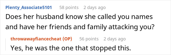 Reddit exchange about a woman's past affair and current relationship details. Reddit exchange about a woman's past affair and current relationship details.