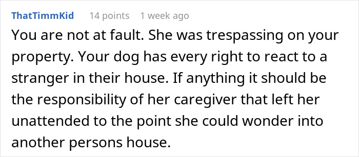 Comment supporting woman whose dog bit a trespasser in her house. Comment supporting woman whose dog bit a trespasser in her house.