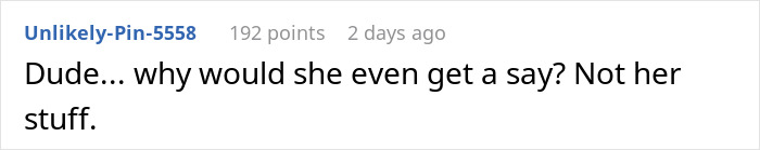 Reddit comment questioning a woman's involvement in selling family heirlooms, emphasizing personal ownership rights. Reddit comment questioning a woman's involvement in selling family heirlooms, emphasizing personal ownership rights.