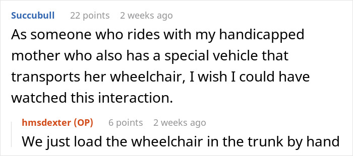 Reddit conversation about a handicapped parking incident, highlighting accessibility issues. Reddit conversation about a handicapped parking incident, highlighting accessibility issues.