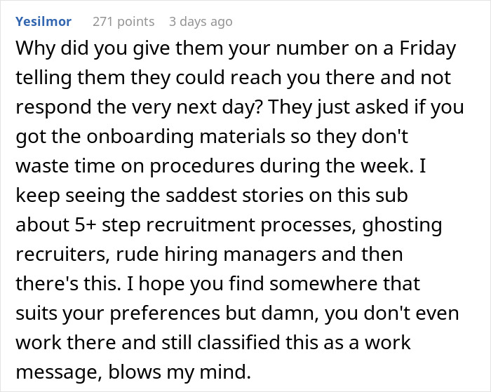 Text conversation about unexpected firing before job start, highlighting recruitment process issues and weekend messages. Text conversation about unexpected firing before job start, highlighting recruitment process issues and weekend messages.