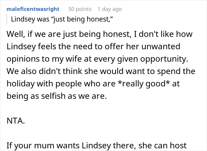 Reddit comment discussing the drama caused by uninviting brother's girlfriend for her perceived rudeness. Reddit comment discussing the drama caused by uninviting brother's girlfriend for her perceived rudeness.
