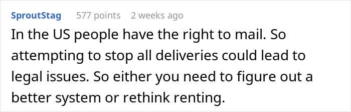 Reddit comment discussing tenant delivery rights and rental issues. Reddit comment discussing tenant delivery rights and rental issues.