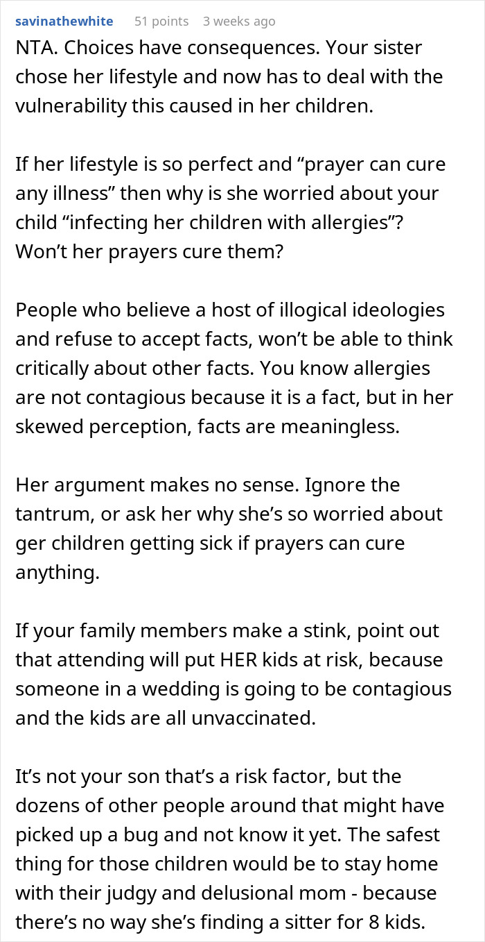 Mom Refuses To Accommodate Anti-Vax Sister’s Kids By Excluding Her Own “Sick” Son From Wedding Mom Refuses To Accommodate Anti-Vax Sister’s Kids By Excluding Her Own “Sick” Son From Wedding