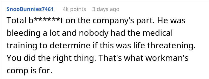 Reddit user comment criticizing company after employee taken to hospital amid bleeding concerns. Reddit user comment criticizing company after employee taken to hospital amid bleeding concerns.