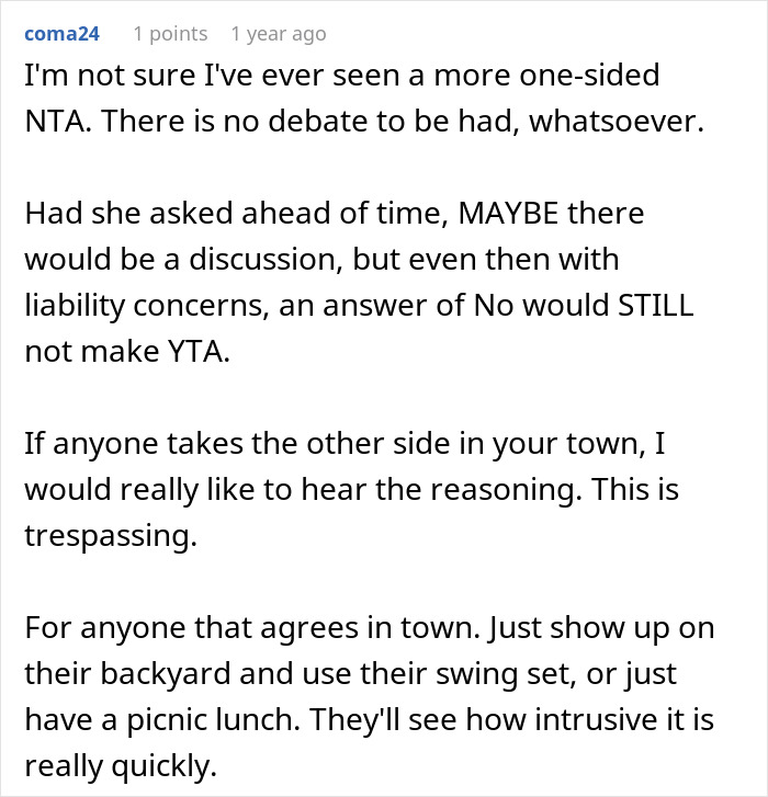 Reddit comment discussing woman kicking mom out of pool for trespassing. Reddit comment discussing woman kicking mom out of pool for trespassing.
