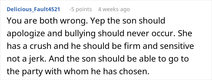 Text comment discussing family drama regarding a son, family friend, and social pressure. Text comment discussing family drama regarding a son, family friend, and social pressure.