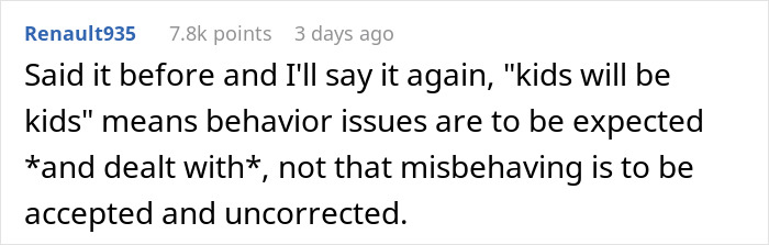 Comment about kids' behavior and accountability, focusing on "kids will be kids."
Comment about kids' behavior and accountability, focusing on "kids will be kids."