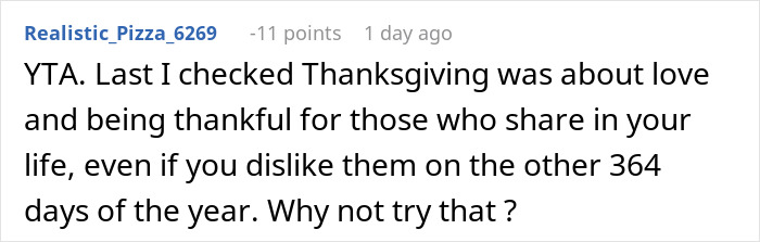 Comment discussing Thanksgiving and the importance of love and gratitude despite personal dislikes. Comment discussing Thanksgiving and the importance of love and gratitude despite personal dislikes.
