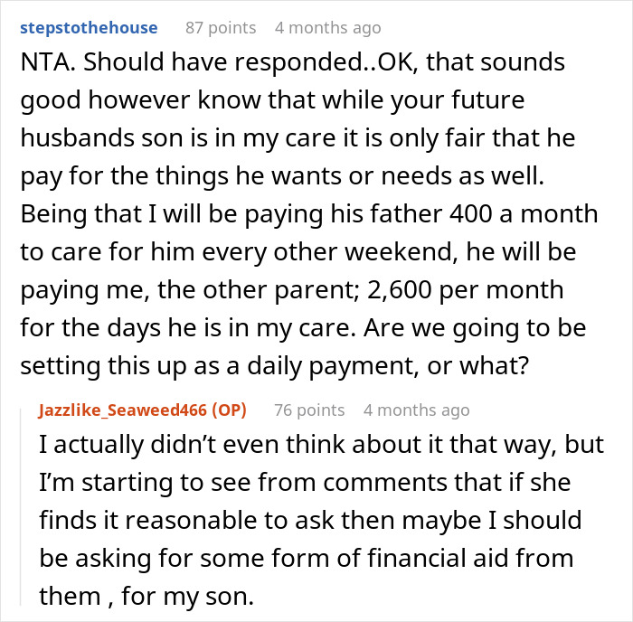 Stepmom Asks To Be Paid $100 A Night For When Fiancé's Son Is At Theirs, Gets A Reality Check Stepmom Asks To Be Paid $100 A Night For When Fiancé's Son Is At Theirs, Gets A Reality Check
