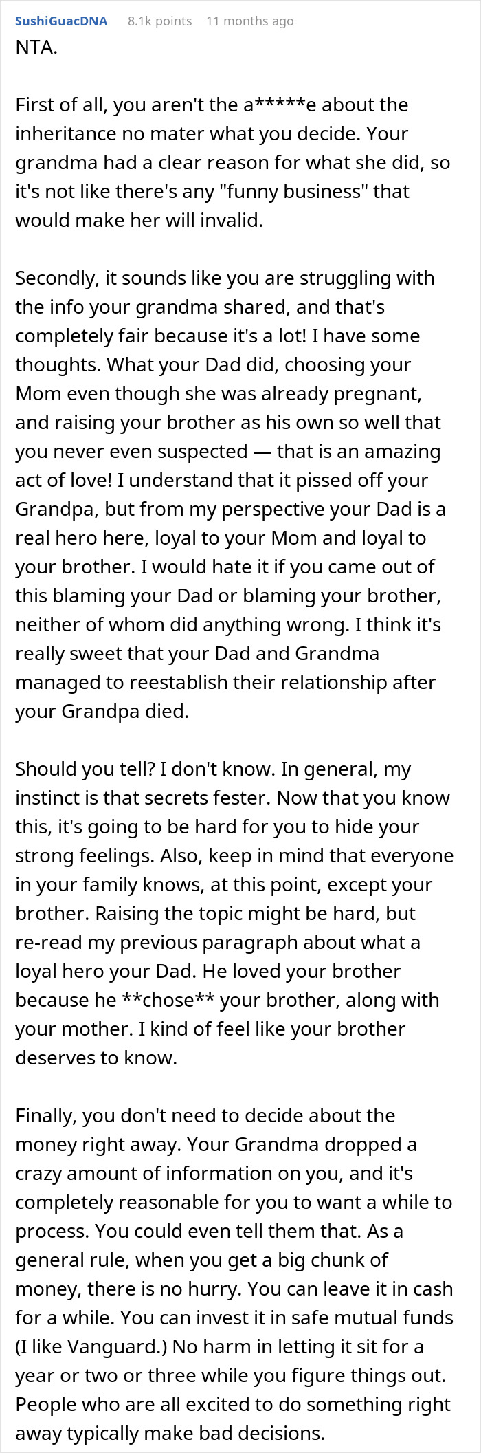 Reddit post discussing family secrets and inheritance after grandmother's death. Reddit post discussing family secrets and inheritance after grandmother's death.