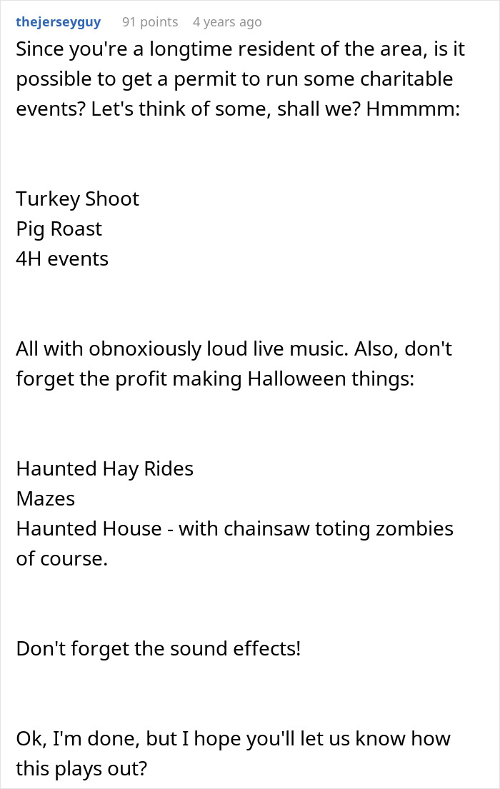Text conversation humorously suggesting events like Turkey Shoot and Haunted Hay Rides to HOA. Text conversation humorously suggesting events like Turkey Shoot and Haunted Hay Rides to HOA.