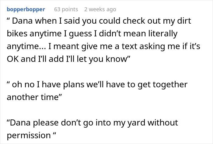 Text conversation about boundaries between HOA president and new resident. Text conversation about boundaries between HOA president and new resident.
