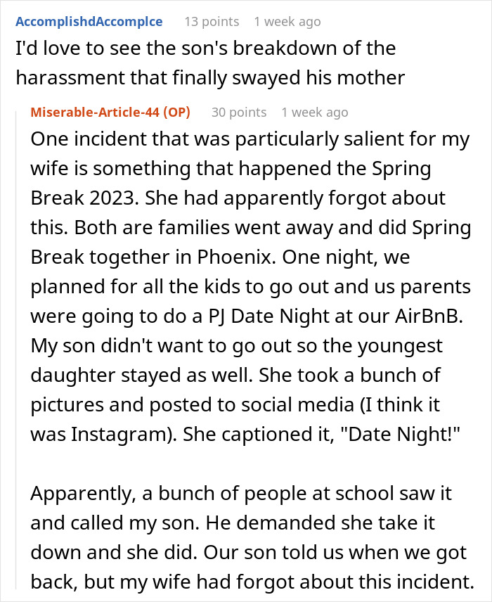 Reddit post discussing family drama where a dad supports his son over relationship issues. Reddit post discussing family drama where a dad supports his son over relationship issues.