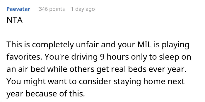 Text discussing frustration over a couple always ending up on an air mattress during family holidays. Text discussing frustration over a couple always ending up on an air mattress during family holidays.