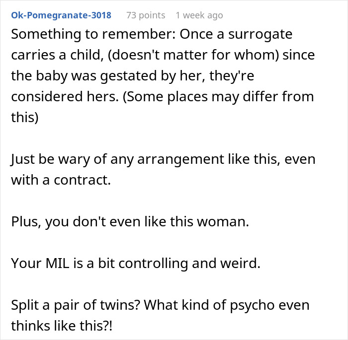 Text post about surrogate pregnancy concerns and MIL's controlling behavior. Text post about surrogate pregnancy concerns and MIL's controlling behavior.