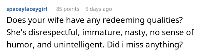 Comment criticizing a wife's qualities amid food complaints discussion. Comment criticizing a wife's qualities amid food complaints discussion.