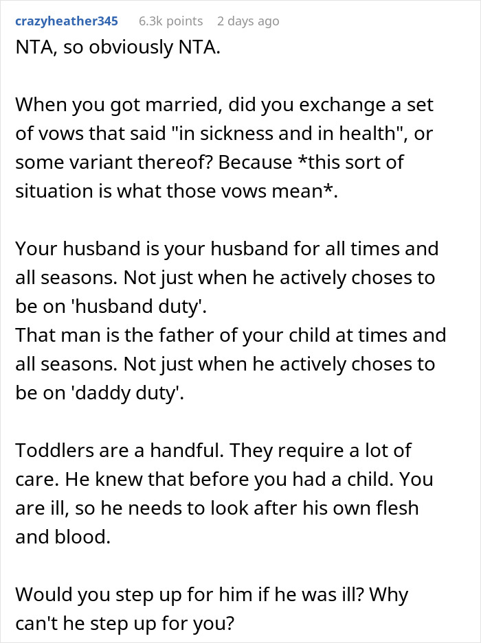 Reddit comment discussing marital vows and responsibility, focusing on husband-wife dynamics during illness. Reddit comment discussing marital vows and responsibility, focusing on husband-wife dynamics during illness.