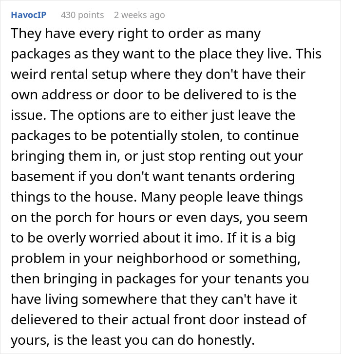 Text discussing issues between a landlady and her shopaholic tenants over package deliveries. Text discussing issues between a landlady and her shopaholic tenants over package deliveries.