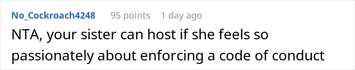 Reddit comment discussing a sister's Thanksgiving hosting due to strict rules. Reddit comment discussing a sister's Thanksgiving hosting due to strict rules.