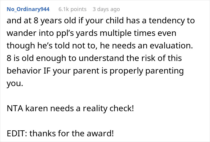 Reddit comment discussing responsibility when kids wander into neighbors' private property, mentioning parenting. Reddit comment discussing responsibility when kids wander into neighbors' private property, mentioning parenting.